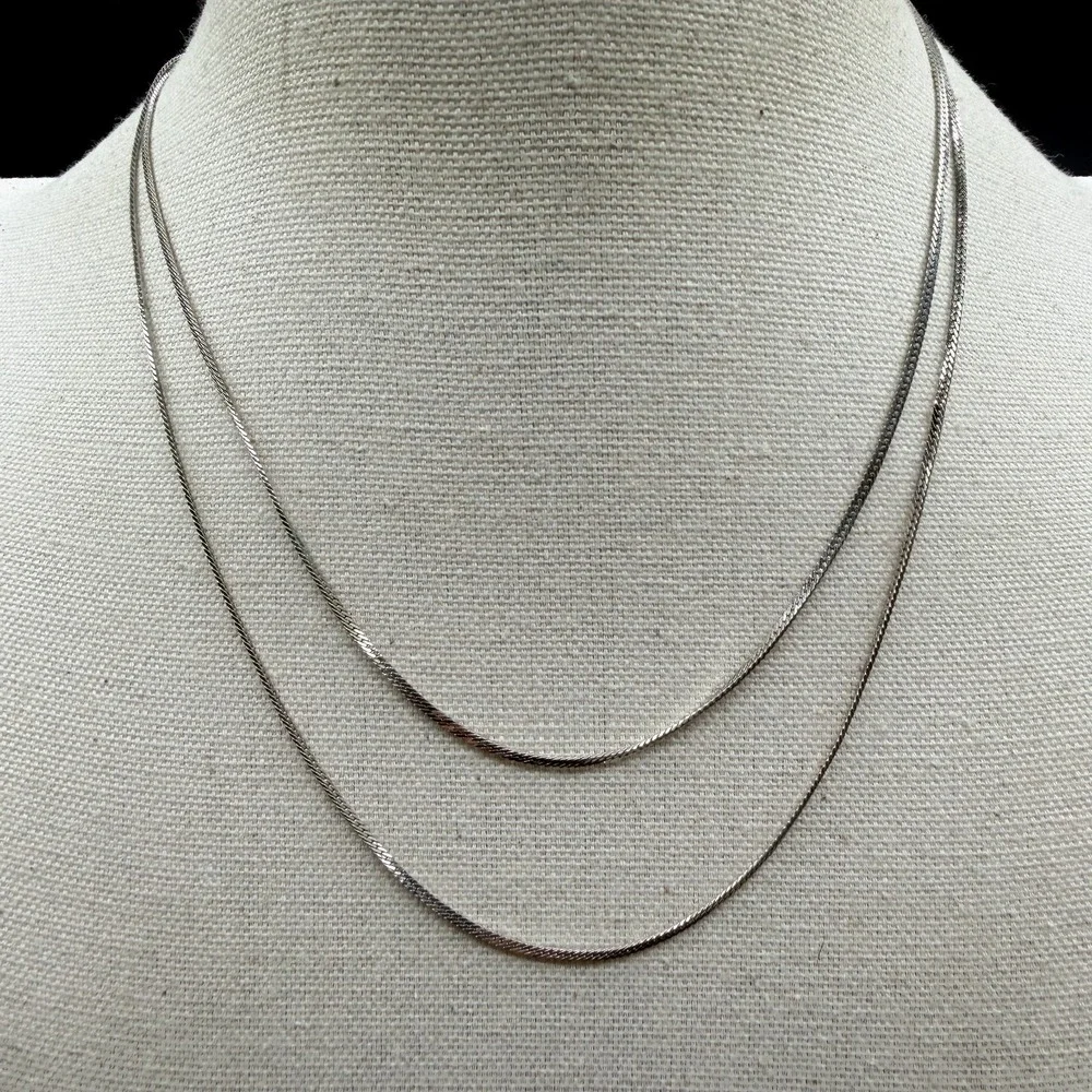 Silver Tone Double Strand Herringbone Chain Necklace Layered Minimalist Jewelry